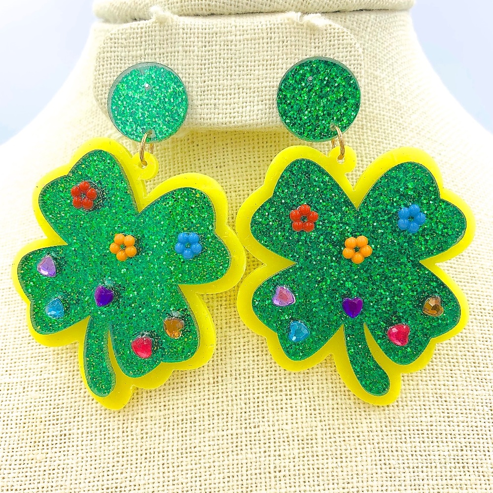 Saint Patrick's Day Themed Glitter Four Leaf Clover Earrings - St. Patrick's Day